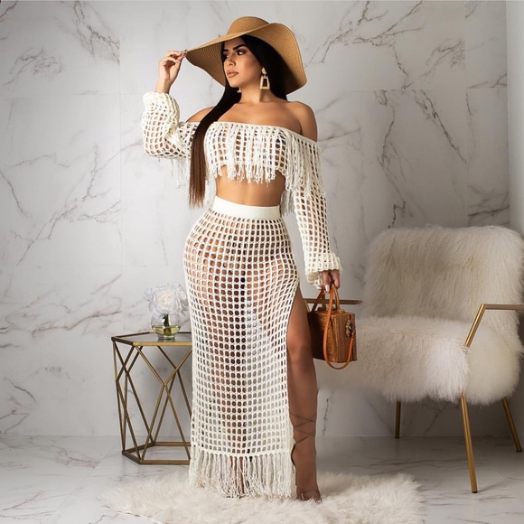 Beach Cover Up Crochet Knit Fringes Maxi Skirt Set - Picture 3 of 8